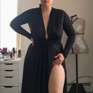 Fashion Nova Long Sleeved Deep-V Maxi Dress